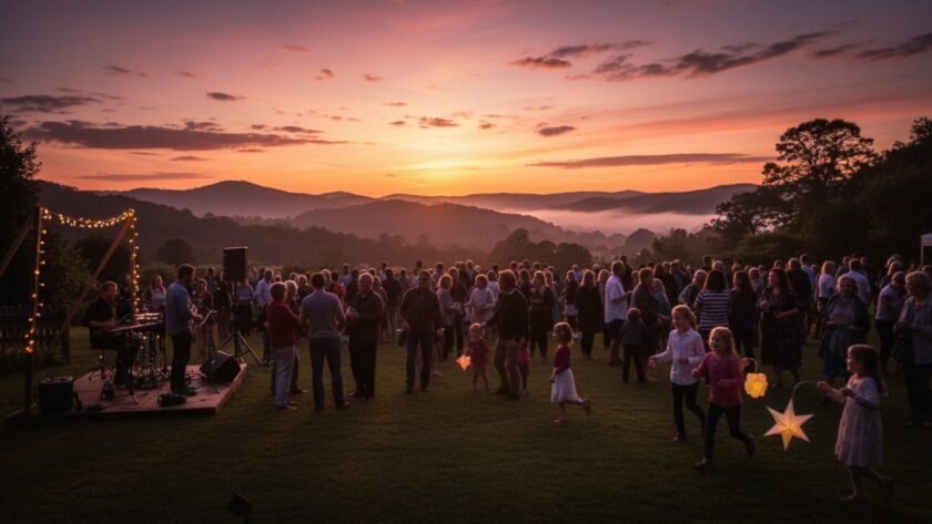 A wide shot capturing authentic Belgrave event memories: jubilant guests laughing and dancing under twinkling fairy lights at an outdoor evening event in the Dandenong Ranges, with the lush green hills of Belgrave in the soft focus background and a historic Puffing Billy train faintly visible in the distance, bathed in warm, cinematic golden hour glow.