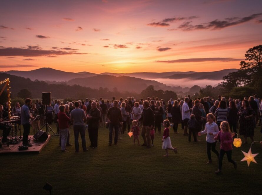 A wide shot capturing authentic Belgrave event memories: jubilant guests laughing and dancing under twinkling fairy lights at an outdoor evening event in the Dandenong Ranges, with the lush green hills of Belgrave in the soft focus background and a historic Puffing Billy train faintly visible in the distance, bathed in warm, cinematic golden hour glow.