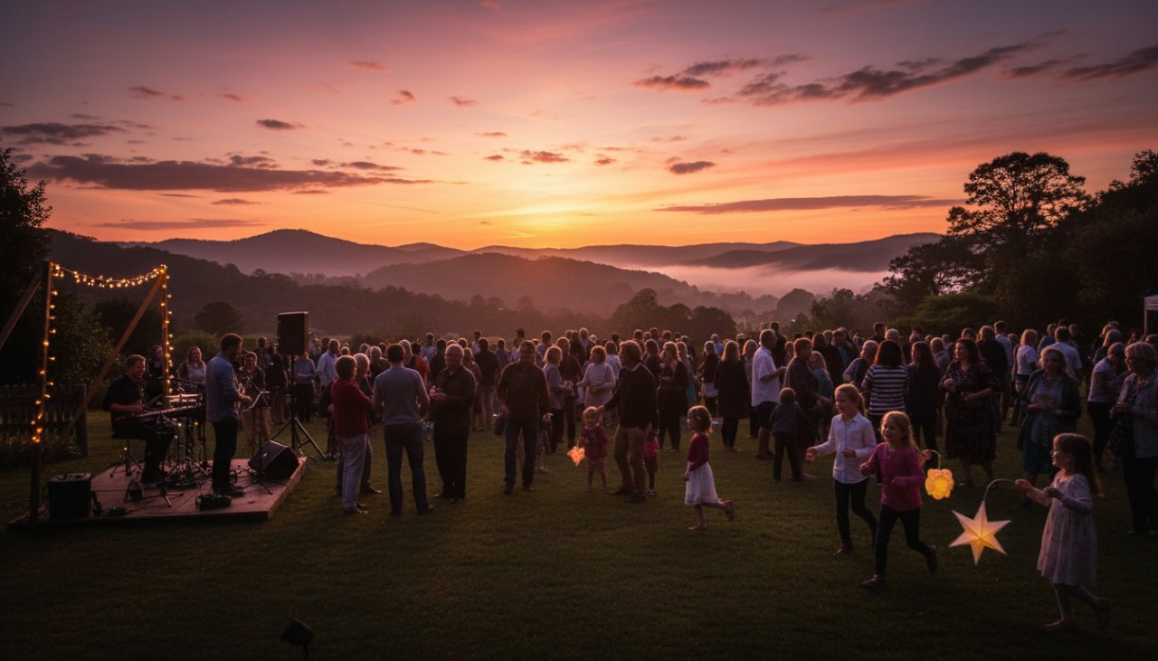 A wide shot capturing authentic Belgrave event memories: jubilant guests laughing and dancing under twinkling fairy lights at an outdoor evening event in the Dandenong Ranges, with the lush green hills of Belgrave in the soft focus background and a historic Puffing Billy train faintly visible in the distance, bathed in warm, cinematic golden hour glow.