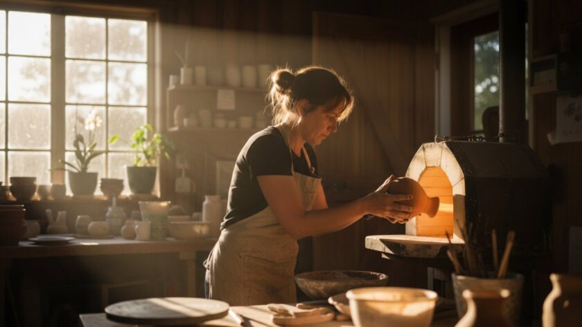 An emotionally charged, wide-angle shot of a local artisan passionately crafting pottery in their sunlit Belgrave South studio, capturing authentic Belgrave South editorial stories through their dedication and skill. Dramatic natural light highlights the clay and their focused expression.
