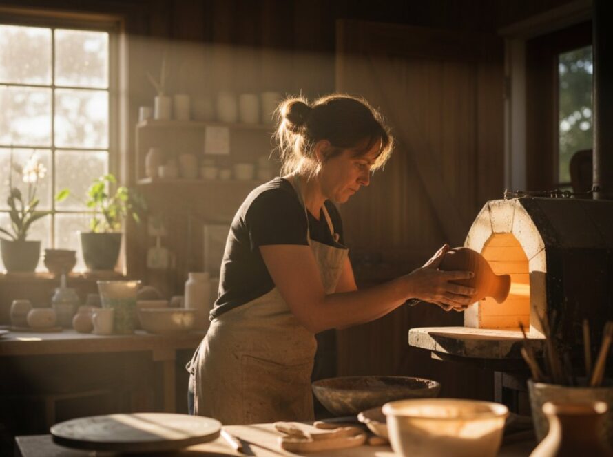 An emotionally charged, wide-angle shot of a local artisan passionately crafting pottery in their sunlit Belgrave South studio, capturing authentic Belgrave South editorial stories through their dedication and skill. Dramatic natural light highlights the clay and their focused expression.