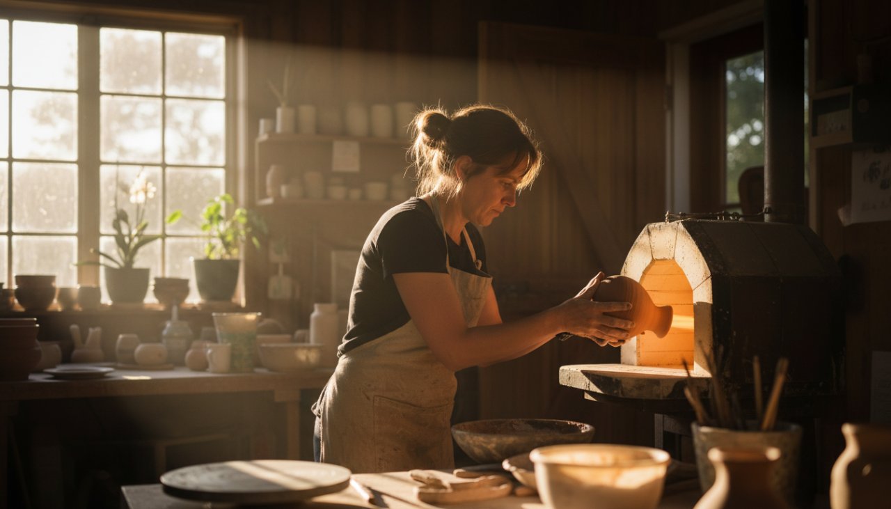 An emotionally charged, wide-angle shot of a local artisan passionately crafting pottery in their sunlit Belgrave South studio, capturing authentic Belgrave South editorial stories through their dedication and skill. Dramatic natural light highlights the clay and their focused expression.