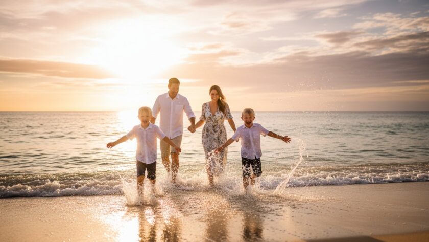 A family joyfully splashes in the shallow waves at sunset on a Blairgowrie beach, caught in an authentic, candid moment. The golden light backlights their laughter, epitomising Capturing Authentic Candid Beach Photography Blairgowrie.