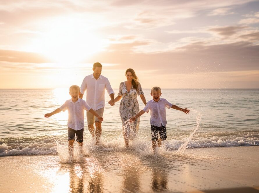 A family joyfully splashes in the shallow waves at sunset on a Blairgowrie beach, caught in an authentic, candid moment. The golden light backlights their laughter, epitomising Capturing Authentic Candid Beach Photography Blairgowrie.