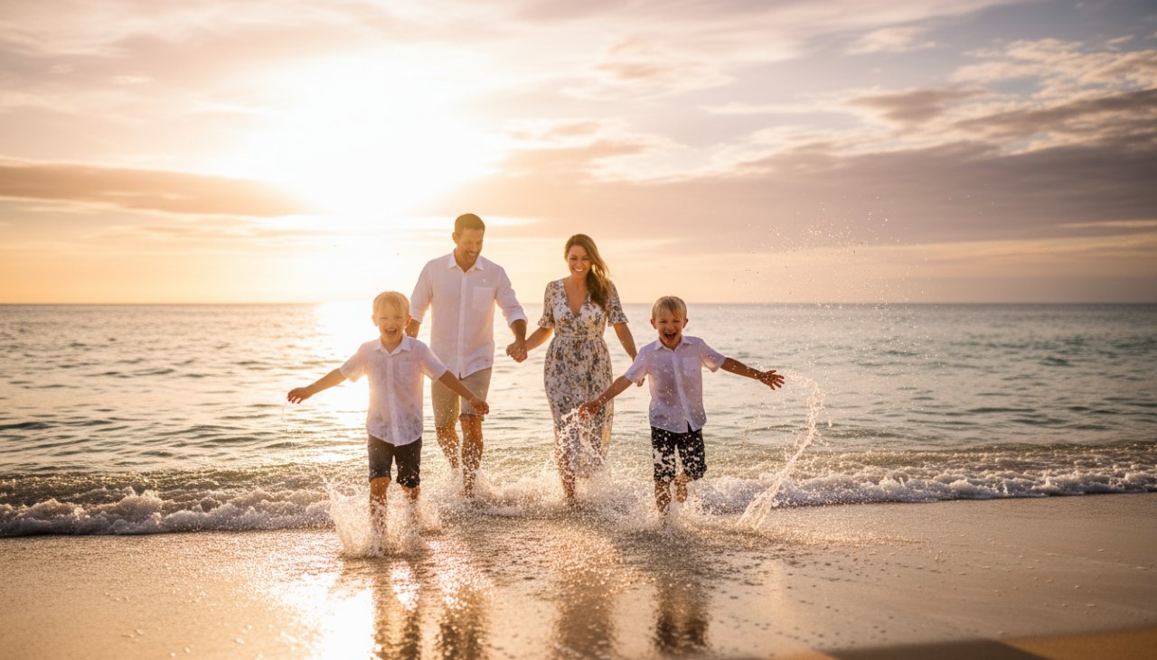A family joyfully splashes in the shallow waves at sunset on a Blairgowrie beach, caught in an authentic, candid moment. The golden light backlights their laughter, epitomising Capturing Authentic Candid Beach Photography Blairgowrie.