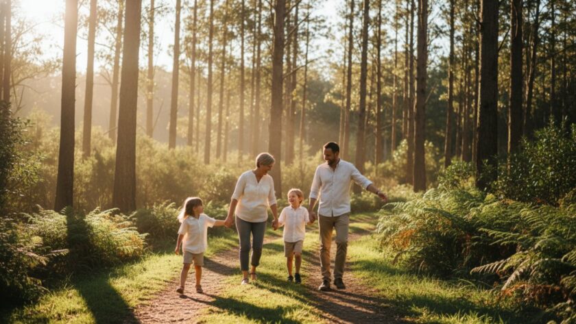 An emotional and beautiful candid photograph of a family laughing genuinely together amidst the lush, sun-dappled greenery of Belgrave Heights, capturing authentic candid family moments Belgrave Heights with warmth and joy.