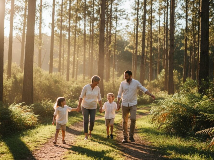 An emotional and beautiful candid photograph of a family laughing genuinely together amidst the lush, sun-dappled greenery of Belgrave Heights, capturing authentic candid family moments Belgrave Heights with warmth and joy.