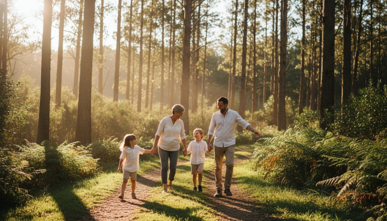 An emotional and beautiful candid photograph of a family laughing genuinely together amidst the lush, sun-dappled greenery of Belgrave Heights, capturing authentic candid family moments Belgrave Heights with warmth and joy.