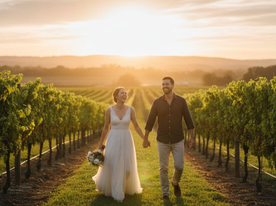 A couple laughing joyfully in a vineyard at sunset, perfectly capturing authentic candid moments Tarrawarra Victoria with golden hour light illuminating their faces, showcasing genuine emotion and the beauty of the Yarra Valley.