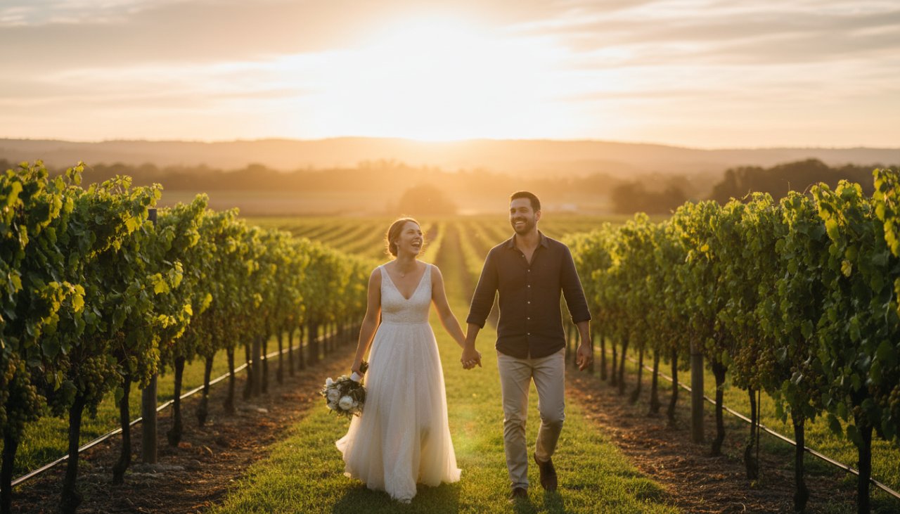 A couple laughing joyfully in a vineyard at sunset, perfectly capturing authentic candid moments Tarrawarra Victoria with golden hour light illuminating their faces, showcasing genuine emotion and the beauty of the Yarra Valley.