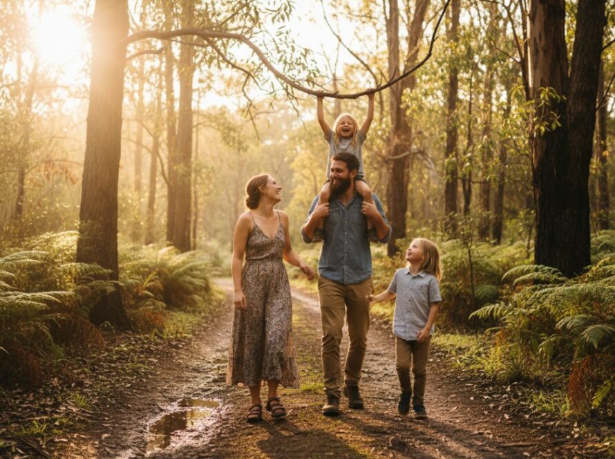 An epic moment photograph of a family laughing joyfully amidst the beautiful, natural bushland of Tremont, Victoria, truly capturing authentic candid moments. Golden hour light bathes them, highlighting their genuine emotions and connection.