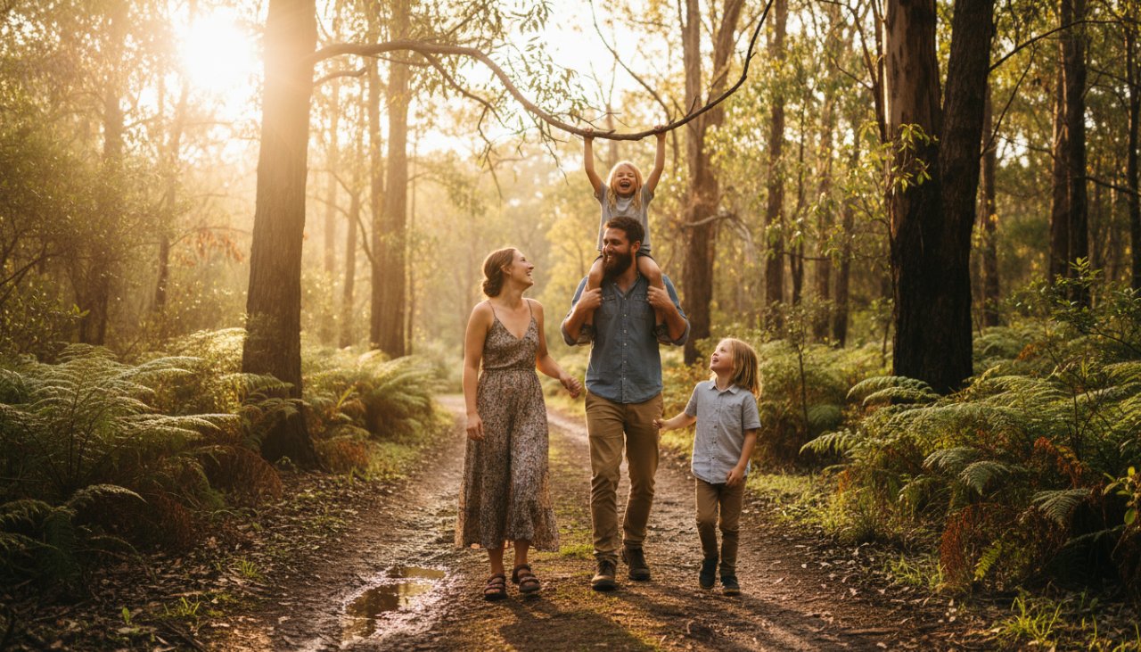 An epic moment photograph of a family laughing joyfully amidst the beautiful, natural bushland of Tremont, Victoria, truly capturing authentic candid moments. Golden hour light bathes them, highlighting their genuine emotions and connection.