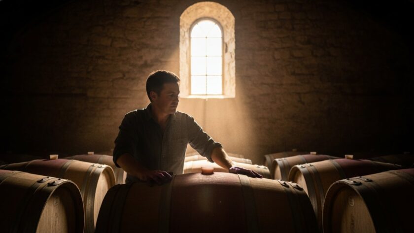 An epic moment of a local artisan intensely focused on crafting wine barrels in a rustic Seville winery, bathed in warm, natural light, epitomising Capturing Authentic Editorial Stories Seville Victoria.