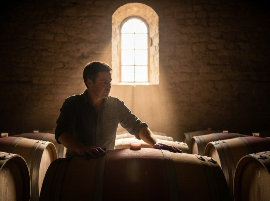 An epic moment of a local artisan intensely focused on crafting wine barrels in a rustic Seville winery, bathed in warm, natural light, epitomising Capturing Authentic Editorial Stories Seville Victoria.