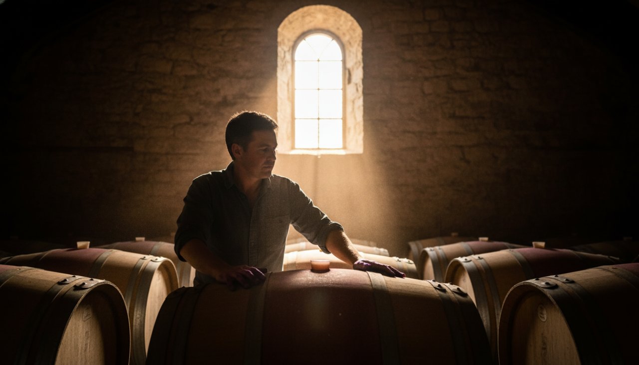 An epic moment of a local artisan intensely focused on crafting wine barrels in a rustic Seville winery, bathed in warm, natural light, epitomising Capturing Authentic Editorial Stories Seville Victoria.