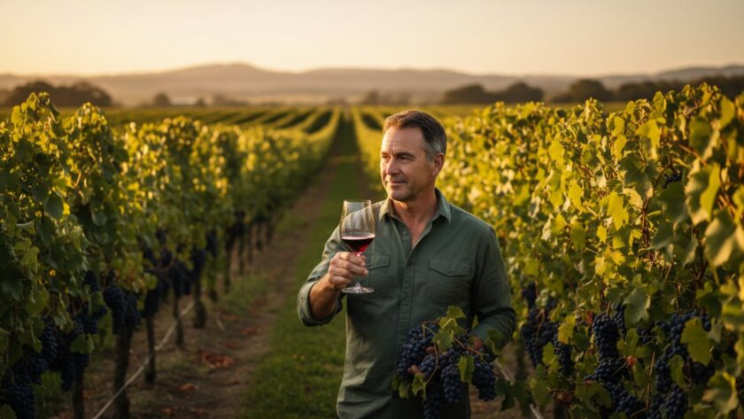 An epic moment of a passionate Yering chef presenting a beautifully plated, locally-sourced gourmet dish at an elegant vineyard restaurant, bathed in warm afternoon light, for an editorial feature on local culinary excellence, captured by Image by SD.