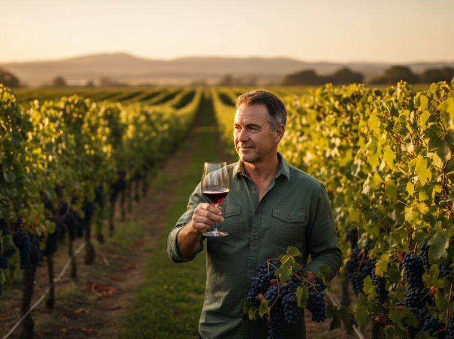An epic moment of a passionate Yering chef presenting a beautifully plated, locally-sourced gourmet dish at an elegant vineyard restaurant, bathed in warm afternoon light, for an editorial feature on local culinary excellence, captured by Image by SD.