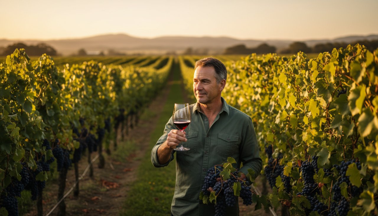 An epic moment of a passionate Yering chef presenting a beautifully plated, locally-sourced gourmet dish at an elegant vineyard restaurant, bathed in warm afternoon light, for an editorial feature on local culinary excellence, captured by Image by SD.