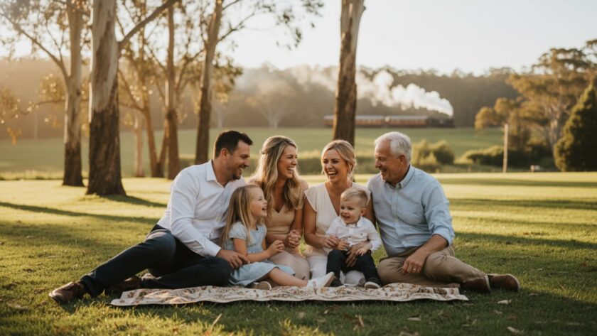 An epic moment of a multi-generational family, laughing genuinely as they share a picnic blanket at Emerald Lake Park, golden hour sun creating a warm glow through the eucalyptus trees, with a hint of Puffing Billy's steam in the background. Capturing authentic family joy Emerald Lake Park.