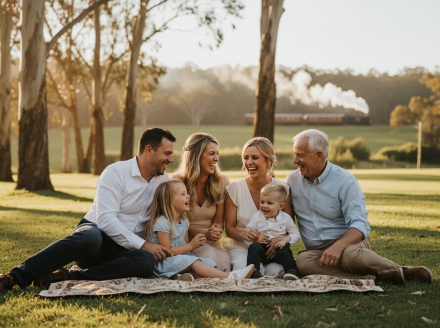 An epic moment of a multi-generational family, laughing genuinely as they share a picnic blanket at Emerald Lake Park, golden hour sun creating a warm glow through the eucalyptus trees, with a hint of Puffing Billy's steam in the background. Capturing authentic family joy Emerald Lake Park.