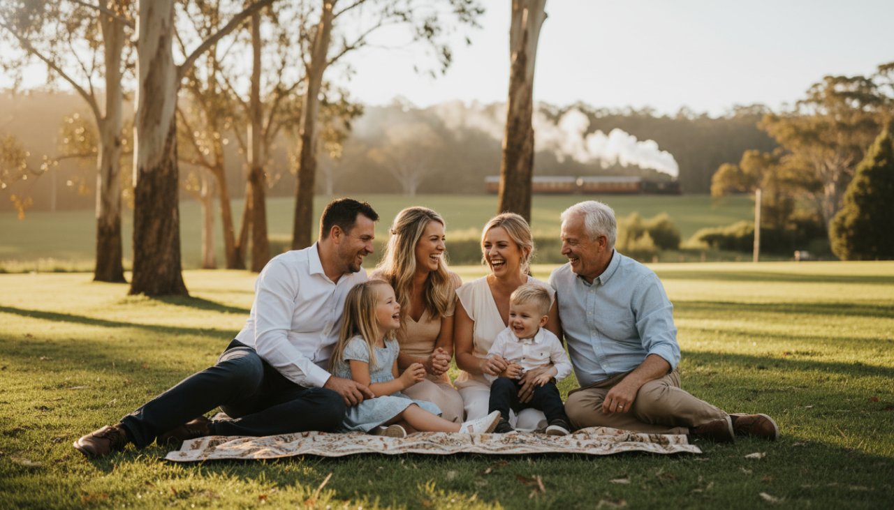 An epic moment of a multi-generational family, laughing genuinely as they share a picnic blanket at Emerald Lake Park, golden hour sun creating a warm glow through the eucalyptus trees, with a hint of Puffing Billy's steam in the background. Capturing authentic family joy Emerald Lake Park.
