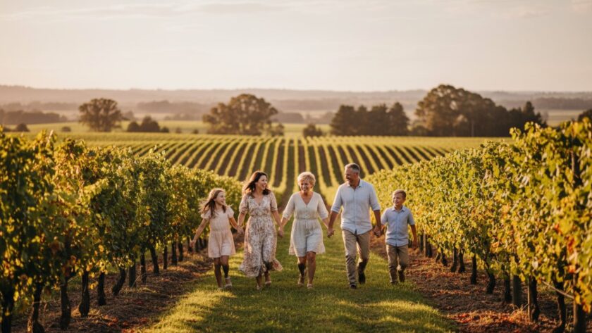 An aerial perspective of a family laughing and running through sun-dappled rows of grapevines at a winery in Seville East, Victoria, perfectly capturing authentic family joy Seville East Victoria with golden hour light.