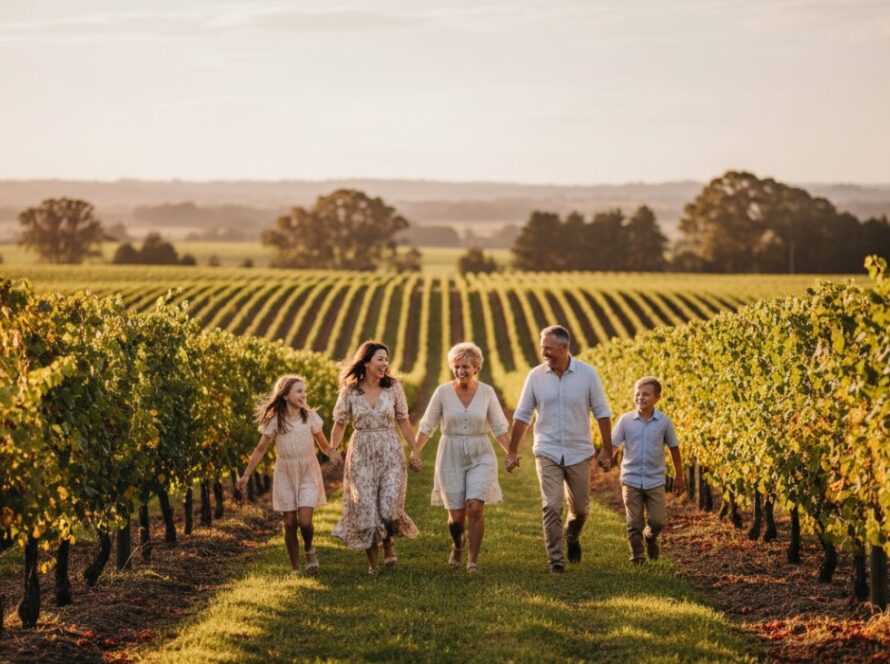 An aerial perspective of a family laughing and running through sun-dappled rows of grapevines at a winery in Seville East, Victoria, perfectly capturing authentic family joy Seville East Victoria with golden hour light.