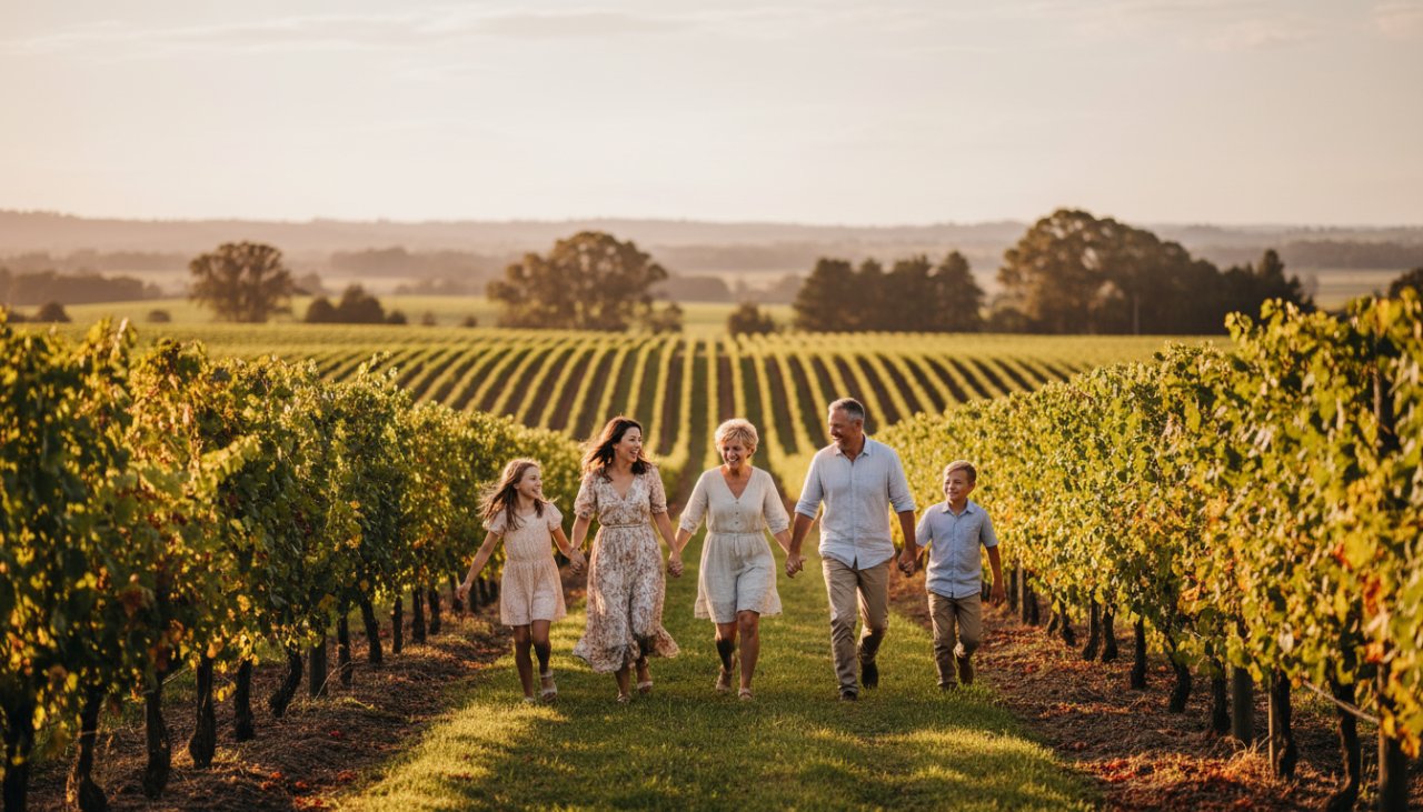 An aerial perspective of a family laughing and running through sun-dappled rows of grapevines at a winery in Seville East, Victoria, perfectly capturing authentic family joy Seville East Victoria with golden hour light.