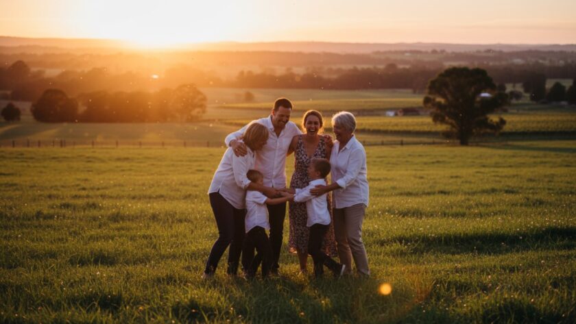 A family laughing and embracing under the golden light of sunset in a wide-open field in Steels Creek, Victoria, embodying the authentic family joy Steels Creek Victoria photography aims to capture.