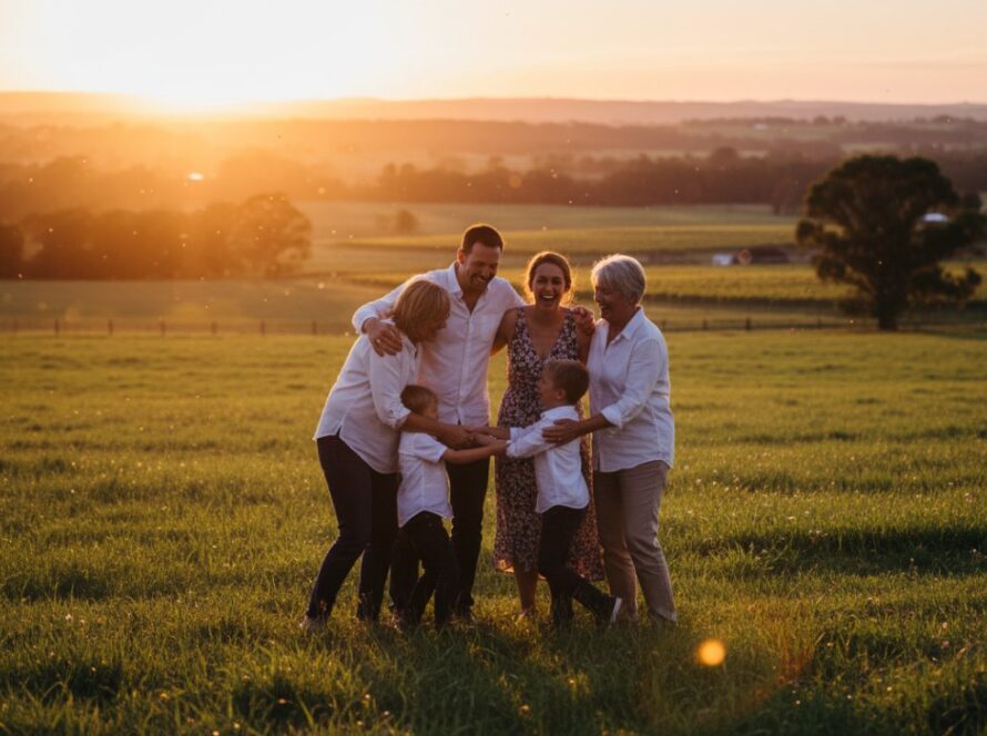 A family laughing and embracing under the golden light of sunset in a wide-open field in Steels Creek, Victoria, embodying the authentic family joy Steels Creek Victoria photography aims to capture.