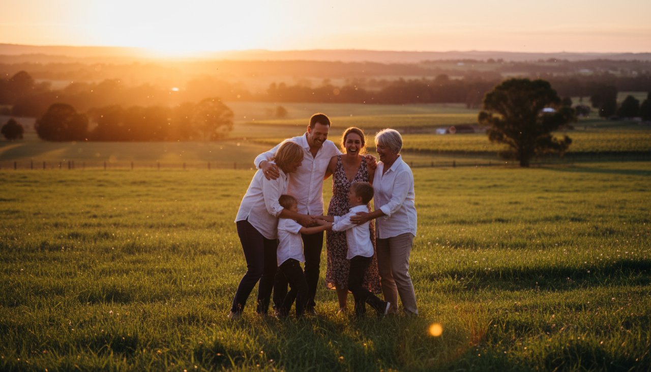 A family laughing and embracing under the golden light of sunset in a wide-open field in Steels Creek, Victoria, embodying the authentic family joy Steels Creek Victoria photography aims to capture.