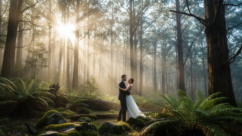An intimate and joyful candid photograph of a couple laughing genuinely amidst the misty, towering trees of Mount Dandenong, perfectly illustrating capturing authentic joy candid photography Mount Dandenong.