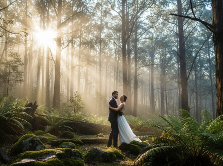 An intimate and joyful candid photograph of a couple laughing genuinely amidst the misty, towering trees of Mount Dandenong, perfectly illustrating capturing authentic joy candid photography Mount Dandenong.