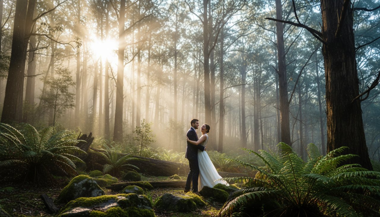 An intimate and joyful candid photograph of a couple laughing genuinely amidst the misty, towering trees of Mount Dandenong, perfectly illustrating capturing authentic joy candid photography Mount Dandenong.