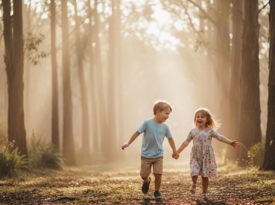 A joyous, sun-drenched photograph capturing authentic kids photography moments The Patch Victoria, showing two siblings laughing heartily amidst tall gum trees with golden light filtering through, embodying a carefree childhood 'epic moment'.