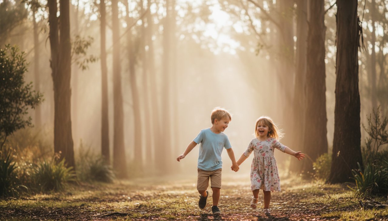A joyous, sun-drenched photograph capturing authentic kids photography moments The Patch Victoria, showing two siblings laughing heartily amidst tall gum trees with golden light filtering through, embodying a carefree childhood 'epic moment'.