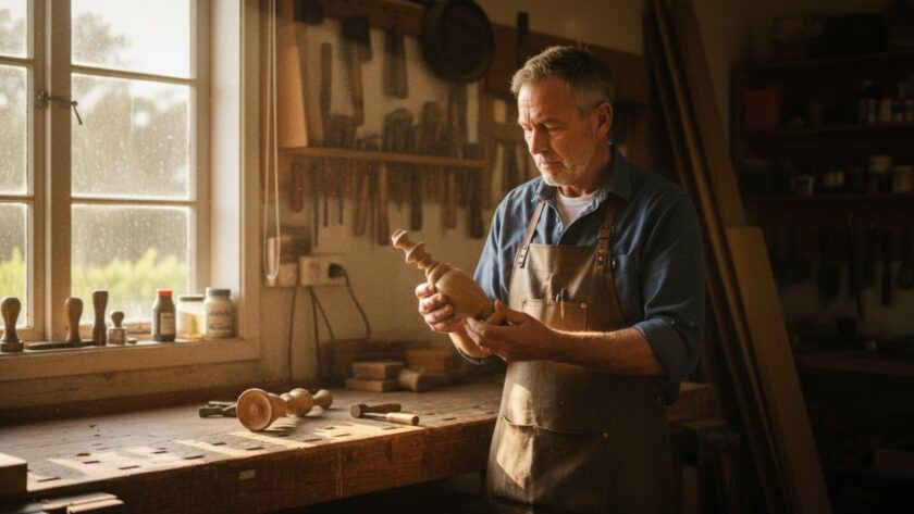 A wide-angle, cinematic shot capturing authentic Launching Victoria editorial photography stories, featuring a local artisan passionately working on their craft in a sunlit workshop, surrounded by natural elements, evoking a sense of heritage and dedication.