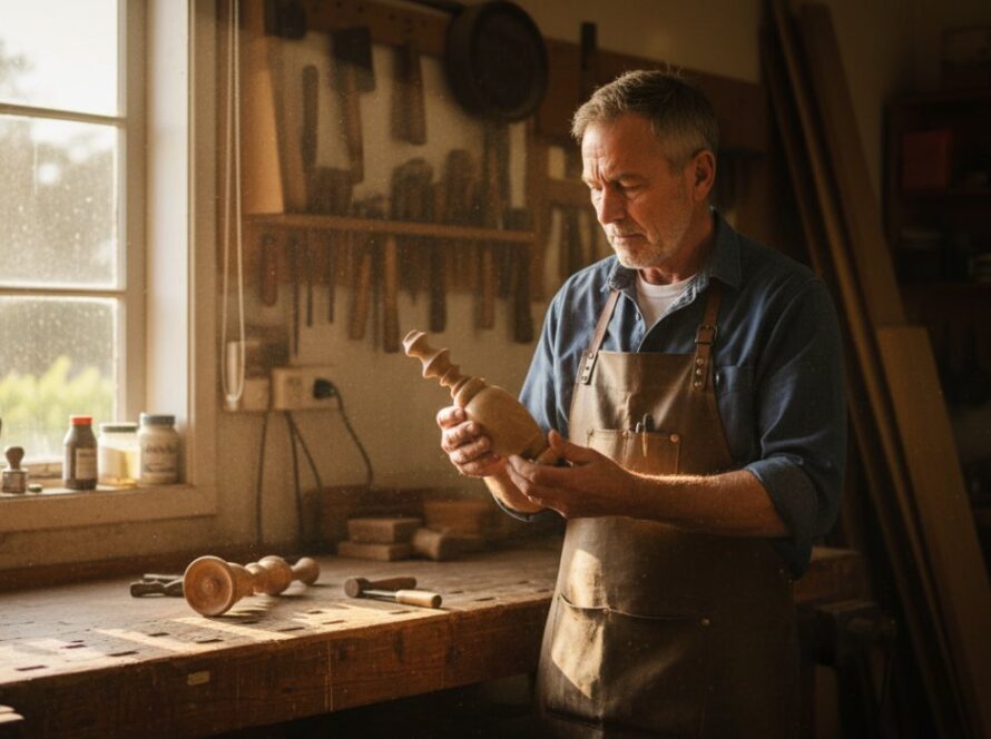 A wide-angle, cinematic shot capturing authentic Launching Victoria editorial photography stories, featuring a local artisan passionately working on their craft in a sunlit workshop, surrounded by natural elements, evoking a sense of heritage and dedication.
