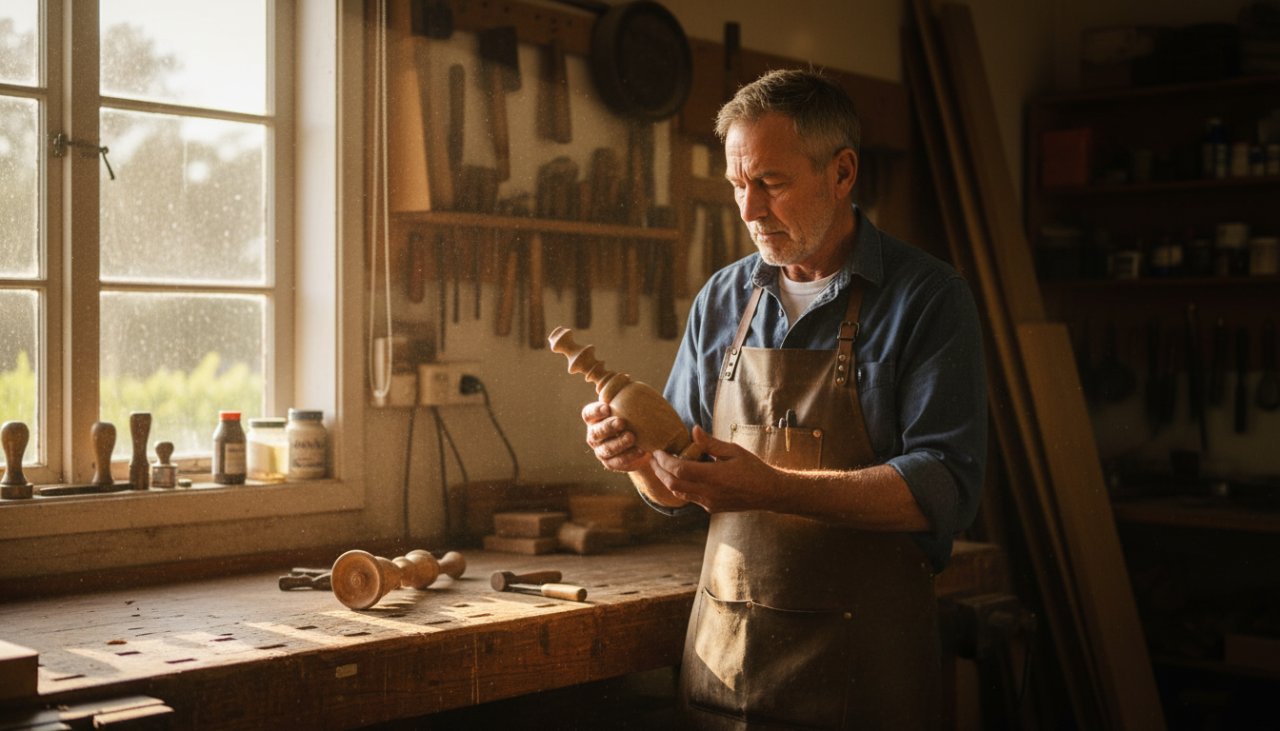 A wide-angle, cinematic shot capturing authentic Launching Victoria editorial photography stories, featuring a local artisan passionately working on their craft in a sunlit workshop, surrounded by natural elements, evoking a sense of heritage and dedication.