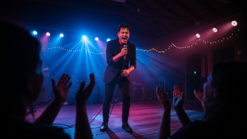 An ecstatic lead singer with arms outstretched, illuminated by vibrant stage lights at a Menzies Creek venue, perfectly capturing authentic live music energy in Menzies Creek, Victoria.