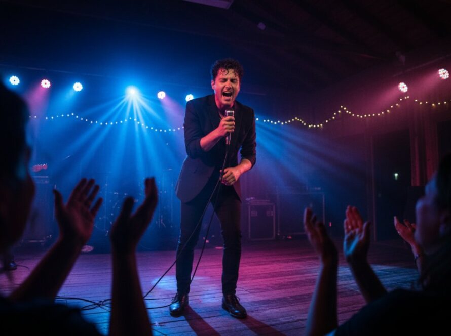 An ecstatic lead singer with arms outstretched, illuminated by vibrant stage lights at a Menzies Creek venue, perfectly capturing authentic live music energy in Menzies Creek, Victoria.