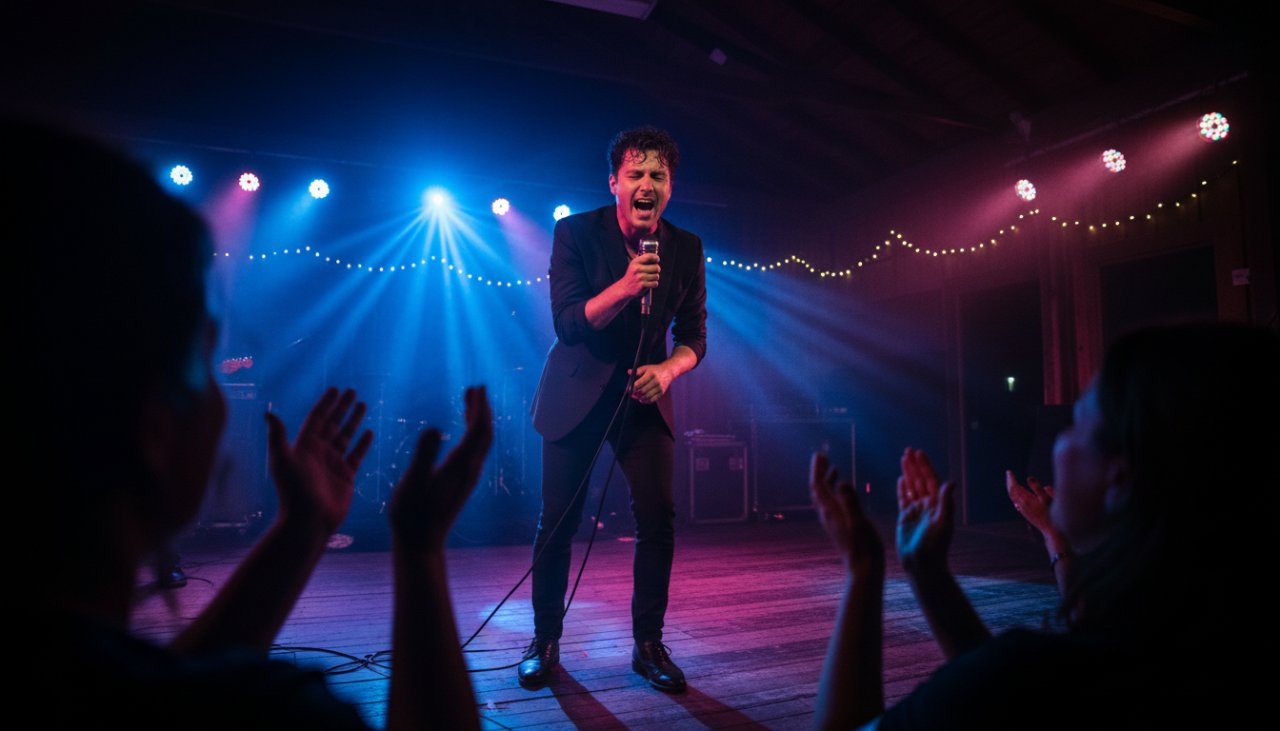 An ecstatic lead singer with arms outstretched, illuminated by vibrant stage lights at a Menzies Creek venue, perfectly capturing authentic live music energy in Menzies Creek, Victoria.