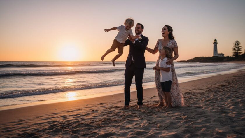 A heartwarming, candid wide-angle photograph capturing authentic McCrae candid family moments as parents laugh joyfully with their children playing in the gentle waves at McCrae Beach, the iconic McCrae Lighthouse visible in the soft golden hour light.