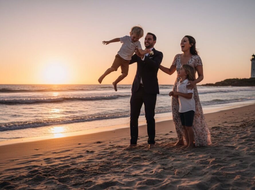A heartwarming, candid wide-angle photograph capturing authentic McCrae candid family moments as parents laugh joyfully with their children playing in the gentle waves at McCrae Beach, the iconic McCrae Lighthouse visible in the soft golden hour light.