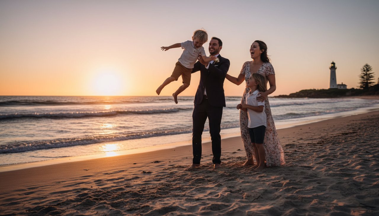 A heartwarming, candid wide-angle photograph capturing authentic McCrae candid family moments as parents laugh joyfully with their children playing in the gentle waves at McCrae Beach, the iconic McCrae Lighthouse visible in the soft golden hour light.