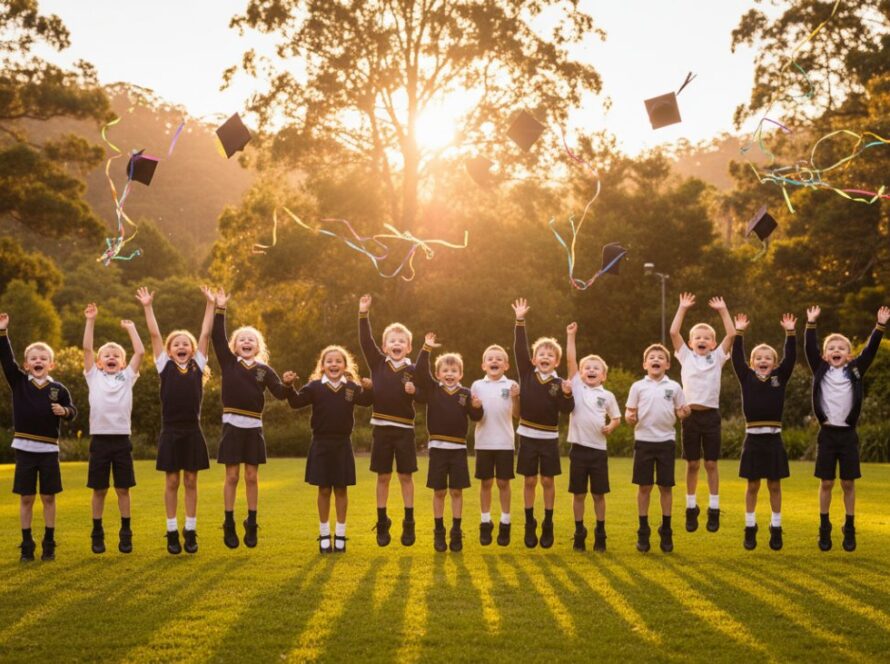 A vibrant, candid photograph capturing authentic Sassafras school photography moments, featuring a group of excited primary school children laughing and throwing their graduation caps in the air against the lush, sun-drenched backdrop of the Dandenong Ranges.