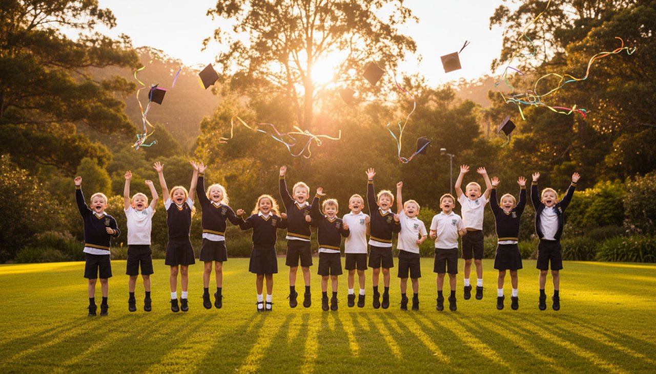 A vibrant, candid photograph capturing authentic Sassafras school photography moments, featuring a group of excited primary school children laughing and throwing their graduation caps in the air against the lush, sun-drenched backdrop of the Dandenong Ranges.