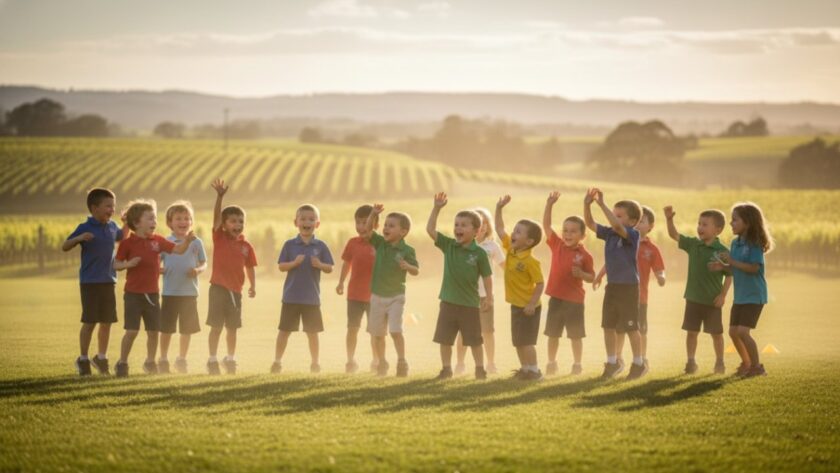 An emotionally resonant, wide-angle shot capturing authentic school memories in Coldstream, Victoria, with a diverse group of primary school children laughing joyfully during an outdoor activity in a sun-dappled playground, with the distant Dandenong Ranges providing a majestic backdrop. Golden hour lighting creates a warm, inviting atmosphere, highlighting genuine interactions and the vibrant energy of youth.