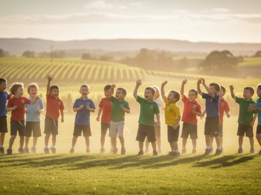 An emotionally resonant, wide-angle shot capturing authentic school memories in Coldstream, Victoria, with a diverse group of primary school children laughing joyfully during an outdoor activity in a sun-dappled playground, with the distant Dandenong Ranges providing a majestic backdrop. Golden hour lighting creates a warm, inviting atmosphere, highlighting genuine interactions and the vibrant energy of youth.