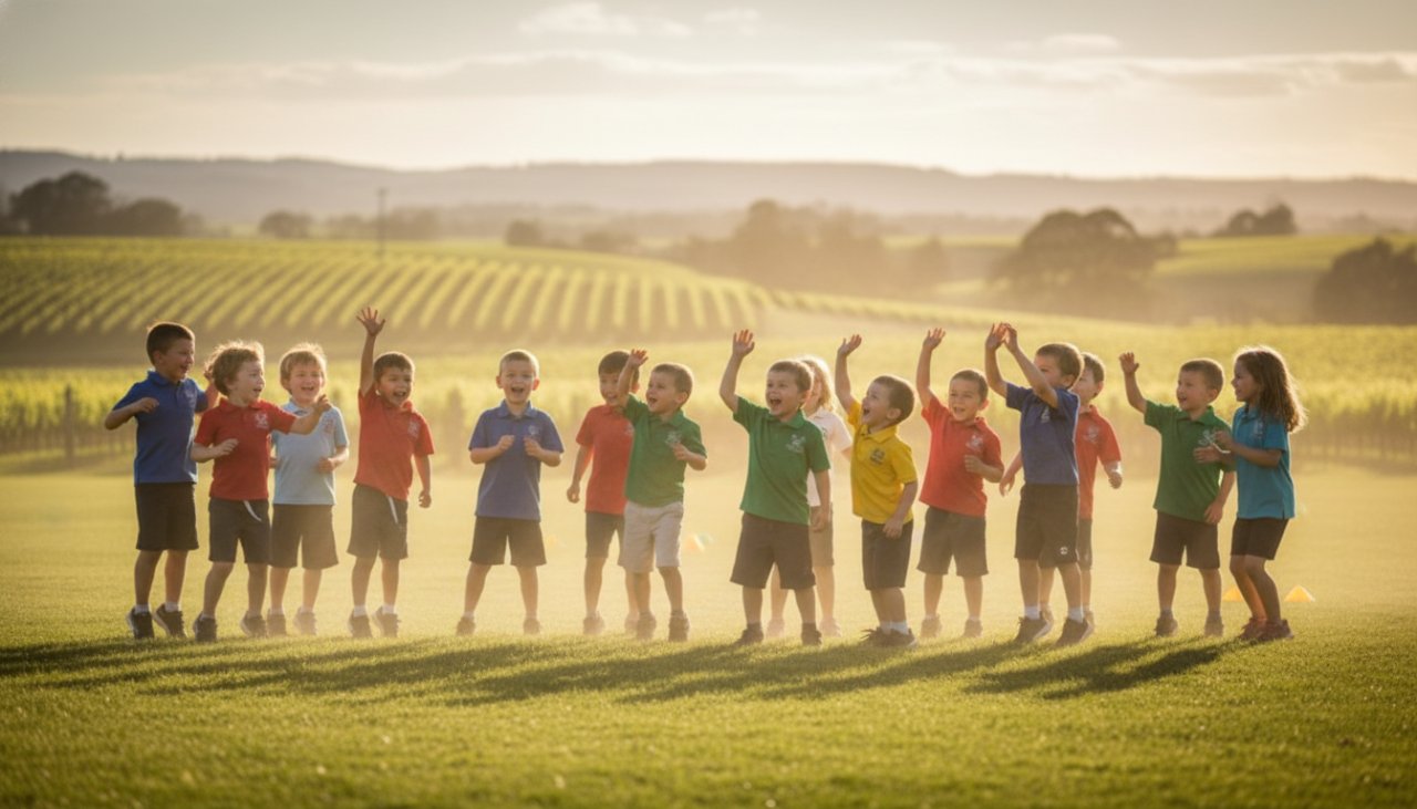 An emotionally resonant, wide-angle shot capturing authentic school memories in Coldstream, Victoria, with a diverse group of primary school children laughing joyfully during an outdoor activity in a sun-dappled playground, with the distant Dandenong Ranges providing a majestic backdrop. Golden hour lighting creates a warm, inviting atmosphere, highlighting genuine interactions and the vibrant energy of youth.